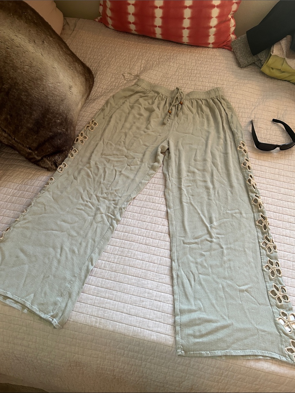 Salty lemon sea sage green pull on wide leg sheer beach boho pants L